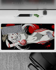 32x16 inches anime desk mat in black, white, and crimson; edgy candy-ink splatter vibe with sharp red eyes.