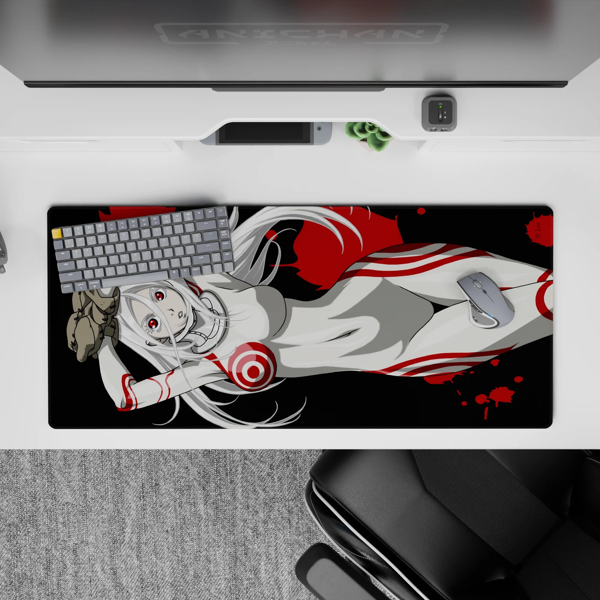 36x16 inches extended mouse pad in black, white, and crimson with edgy ink-splatter vibe for RGB desks.