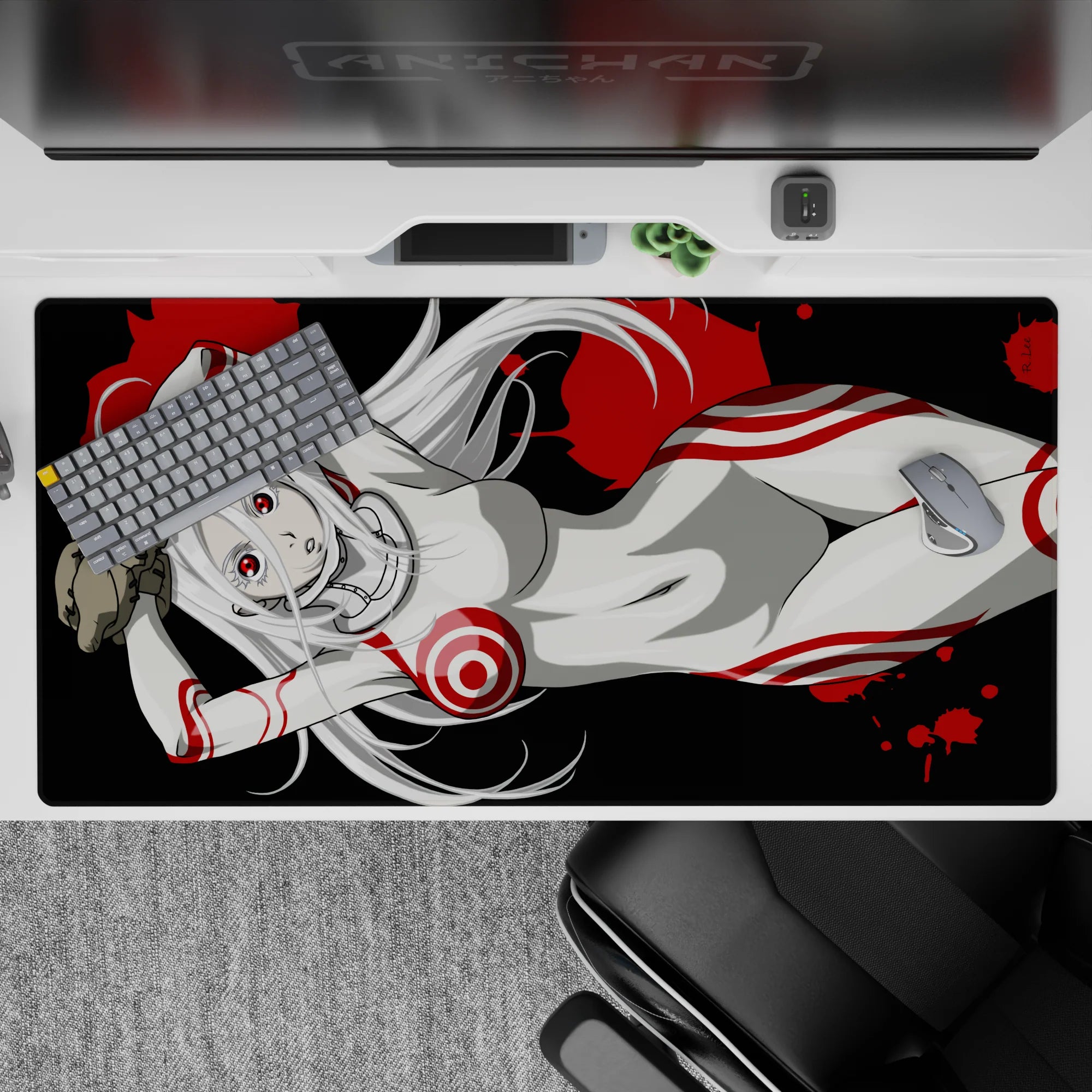 40x20 inches anime desk pad in black, crimson, and white with edgy candy-paint splatter vibe for RGB setups.