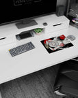 Silver-haired anime girl lounging in a sleek white suit, red eyes on black, mouse pad 14x10 inches.
