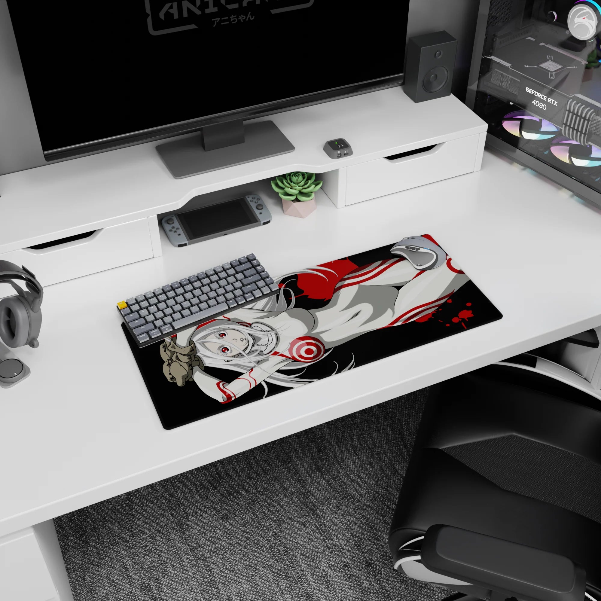 28x12 inches mouse pad showing a silver-haired anime girl lounging in a sleek white bodysuit, red stripes.