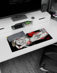 28x12 inches mouse pad showing a silver-haired anime girl lounging in a sleek white bodysuit, red stripes.