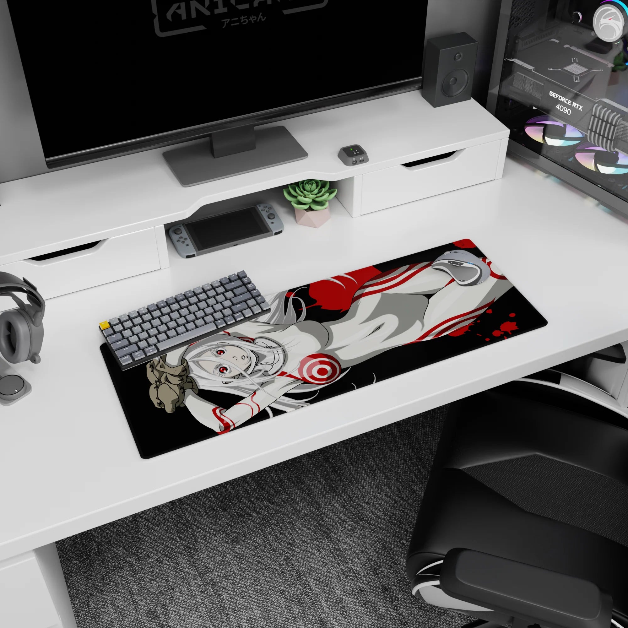 32x12 inches extended mouse pad showing silver-haired anime girl lounging in a sleek white bodysuit.
