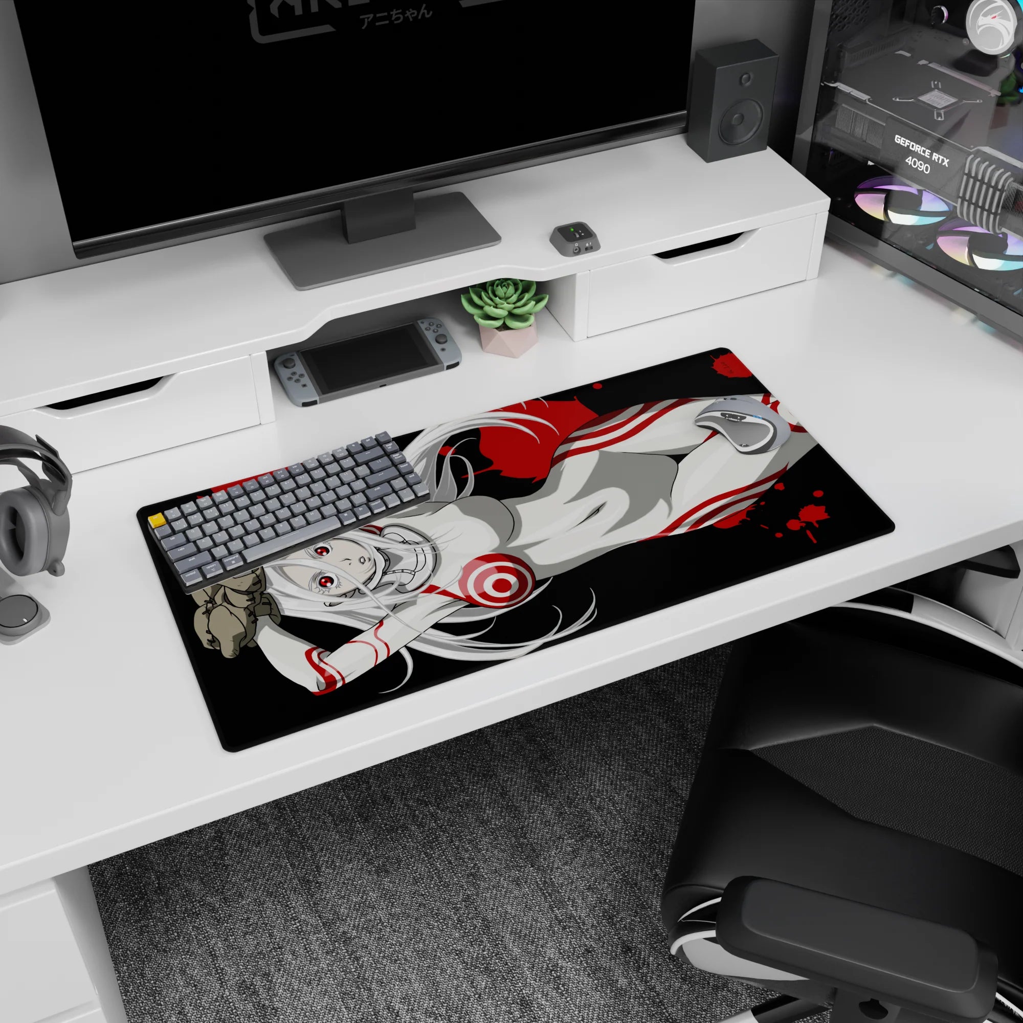 32x16 inches mouse pad featuring a silver-haired anime girl lounging in a sleek white suit with crimson rings.