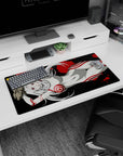 32x16 inches mouse pad featuring a silver-haired anime girl lounging in a sleek white suit with crimson rings.