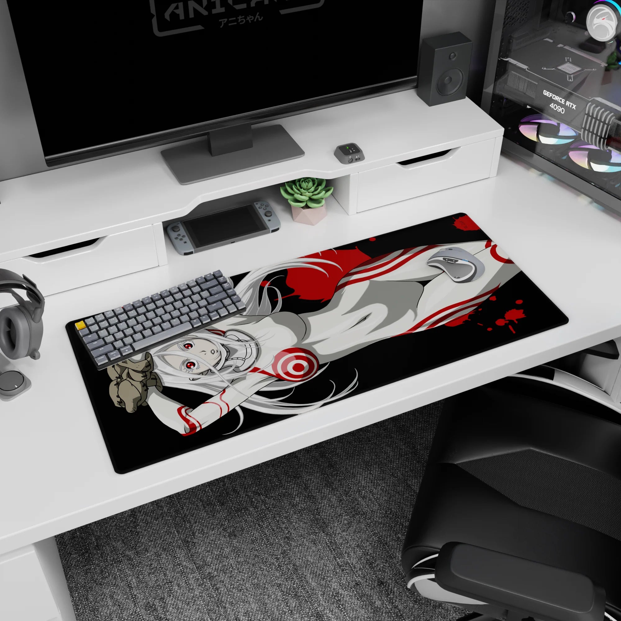 36x16 inches anime desk mat showing a silver-haired girl lounging in a sleek white bodysuit with red stripes.