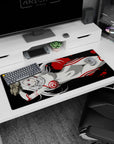 36x16 inches anime desk mat showing a silver-haired girl lounging in a sleek white bodysuit with red stripes.
