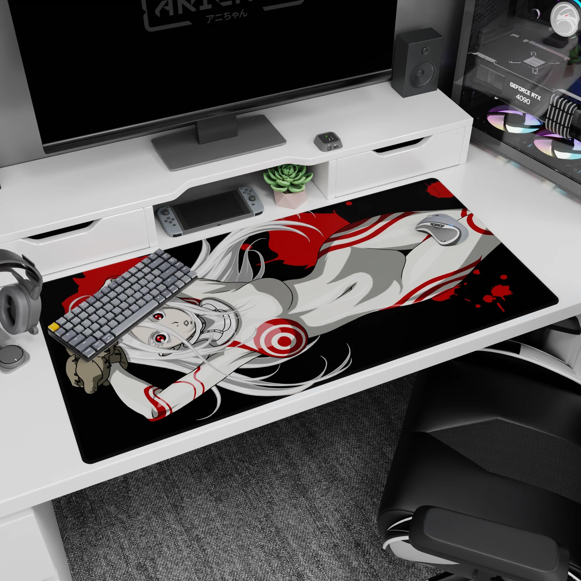 40x20 inches anime girl mouse pad showing a silver-haired girl lounging in a sleek white suit with red stripes.