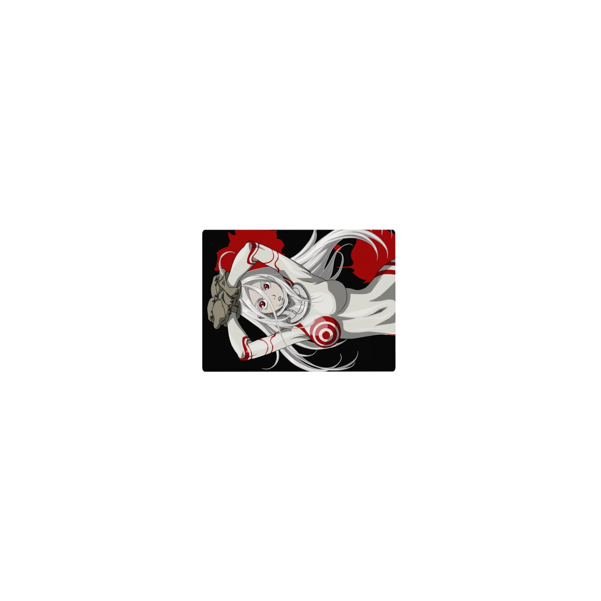 Classic anime girl mouse pad 14x10 inches, silver-haired red-eyed girl in white suit on black splatter art.