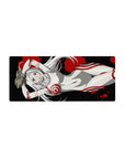 28x12 inches anime girl mouse pad with silver-haired red-eyed girl in white suit, red rings on black.