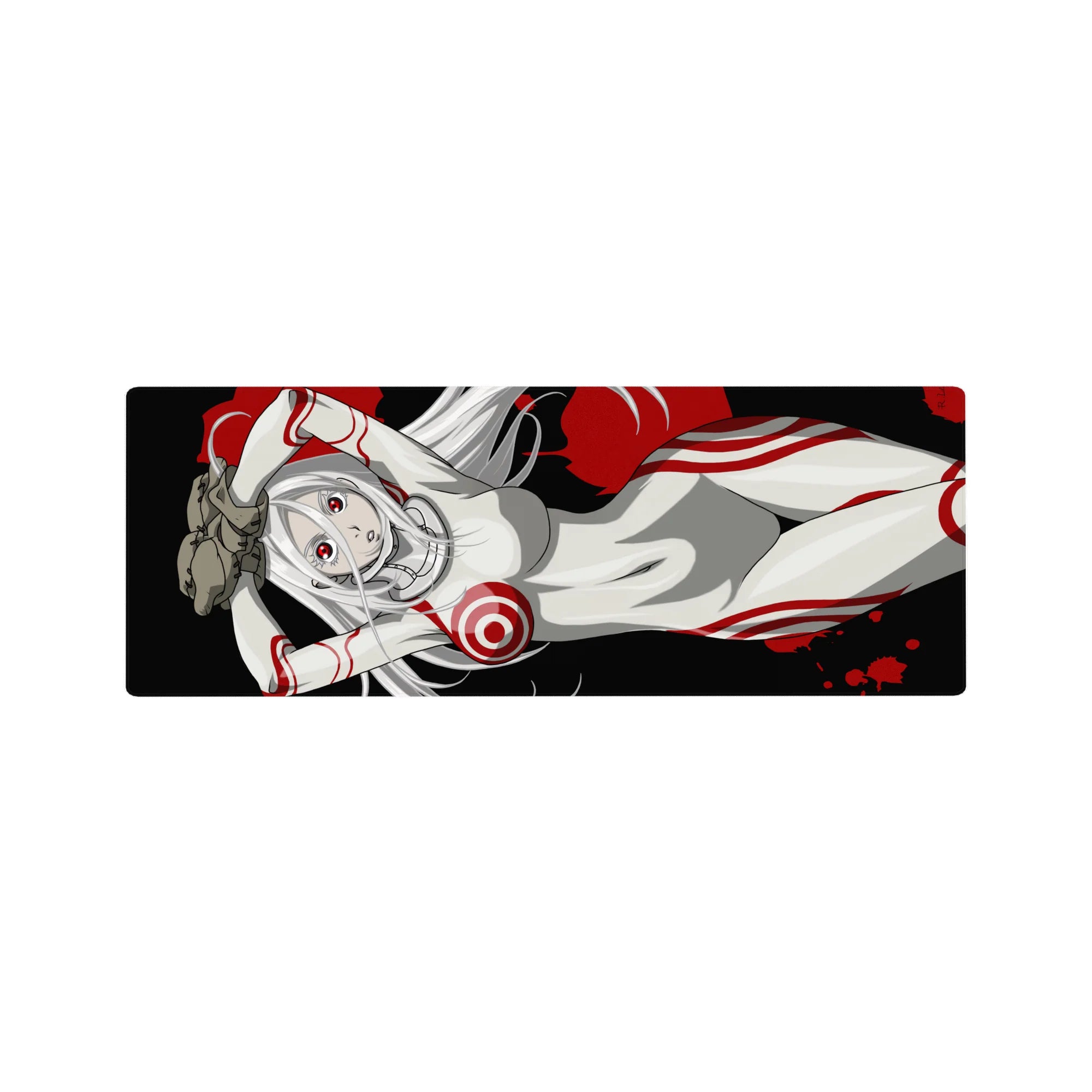 32x12 inches anime girl mouse pad with silver-haired red-eyed girl, white suit, crimson rings on black.