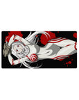 32x16 inches anime girl mouse pad with silver-haired red-eyed girl in white suit on black with red splatter.