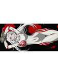 36x16 inches anime girl desk pad with silver-haired red-eyed girl in white suit, red rings, black splatter.