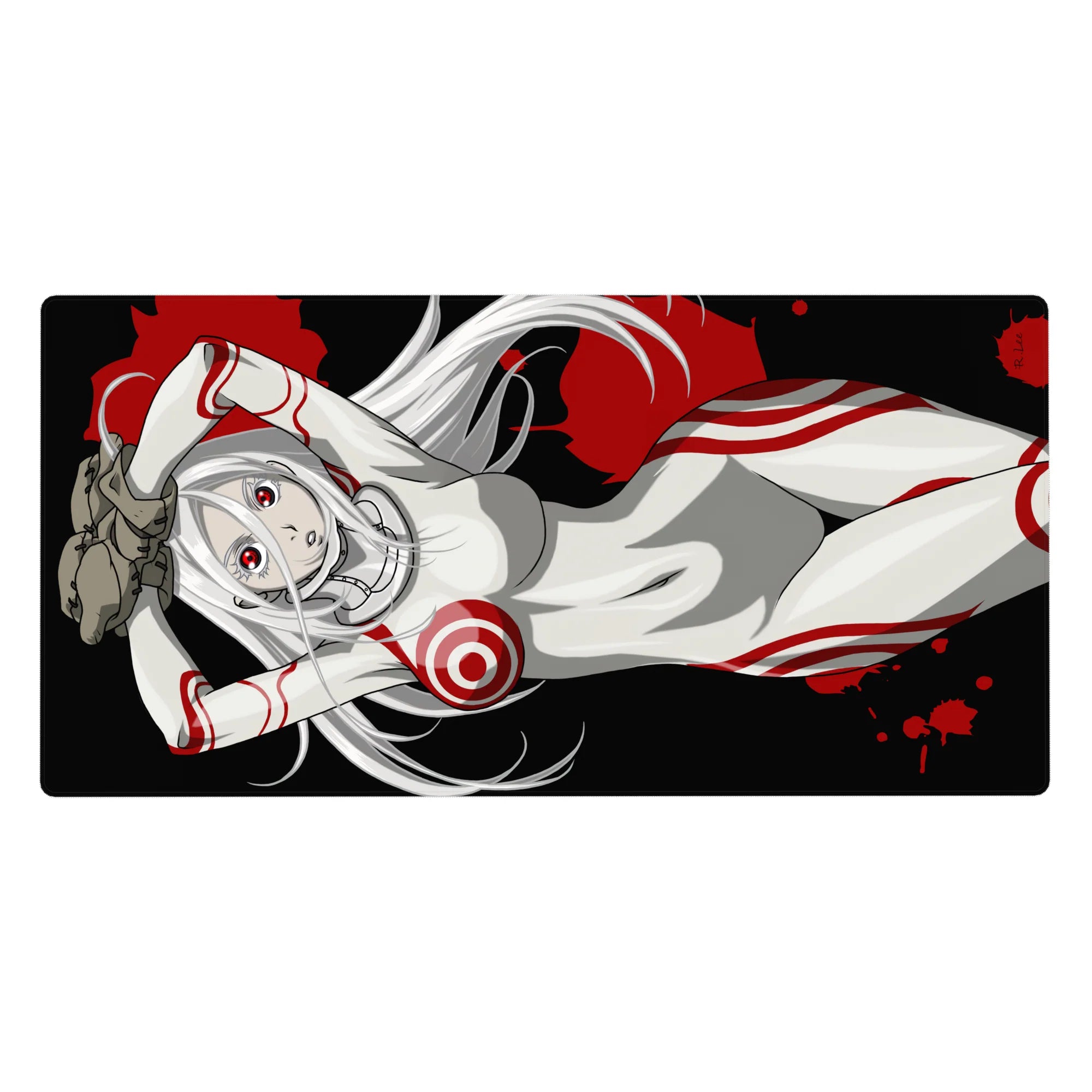 40x20 inches anime girl desk pad with silver-haired red-eyed character in white suit, red rings, black splatter.