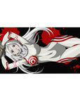 40x20 inches anime girl desk pad with silver-haired red-eyed character in white suit, red rings, black splatter.