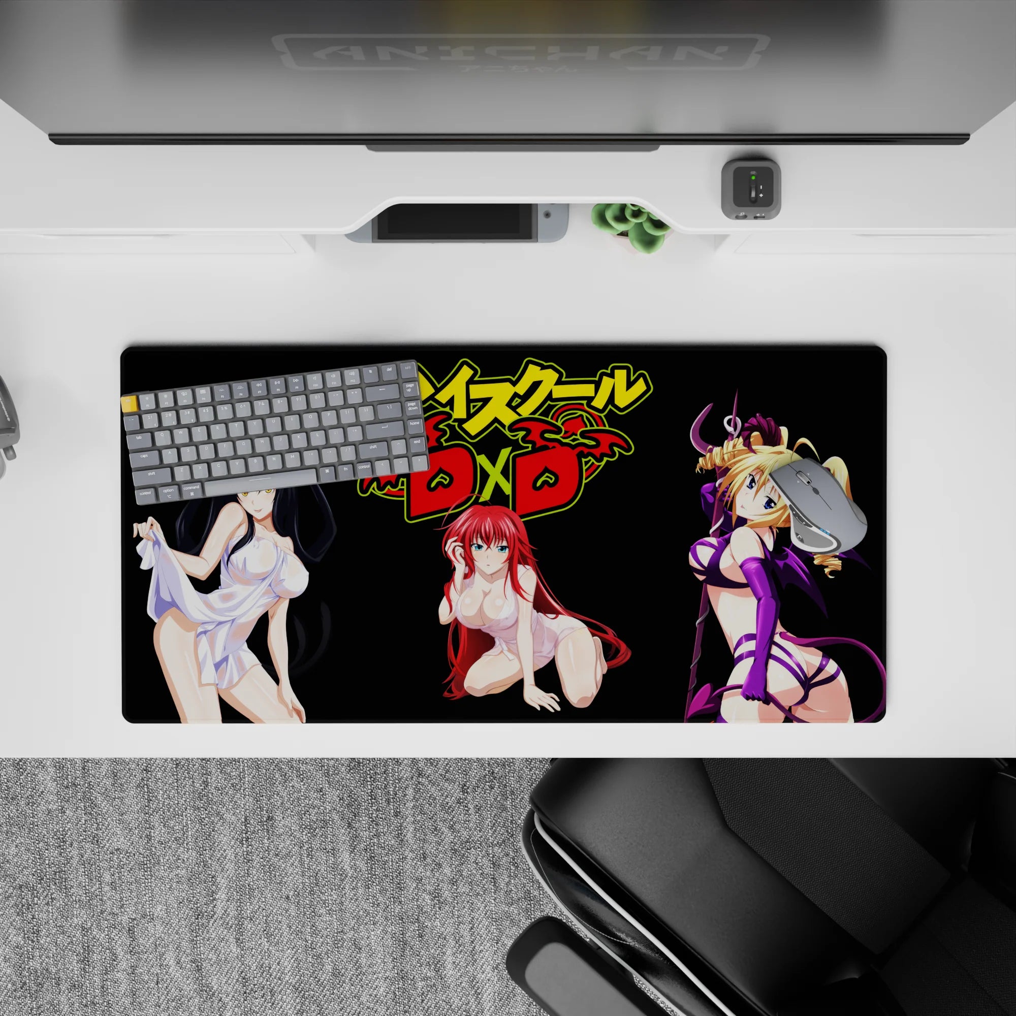 Mouse pad featuring Rias Gremory from High School DxD, 32x16 inches, vibrant red and pink hues, perfect for fans.