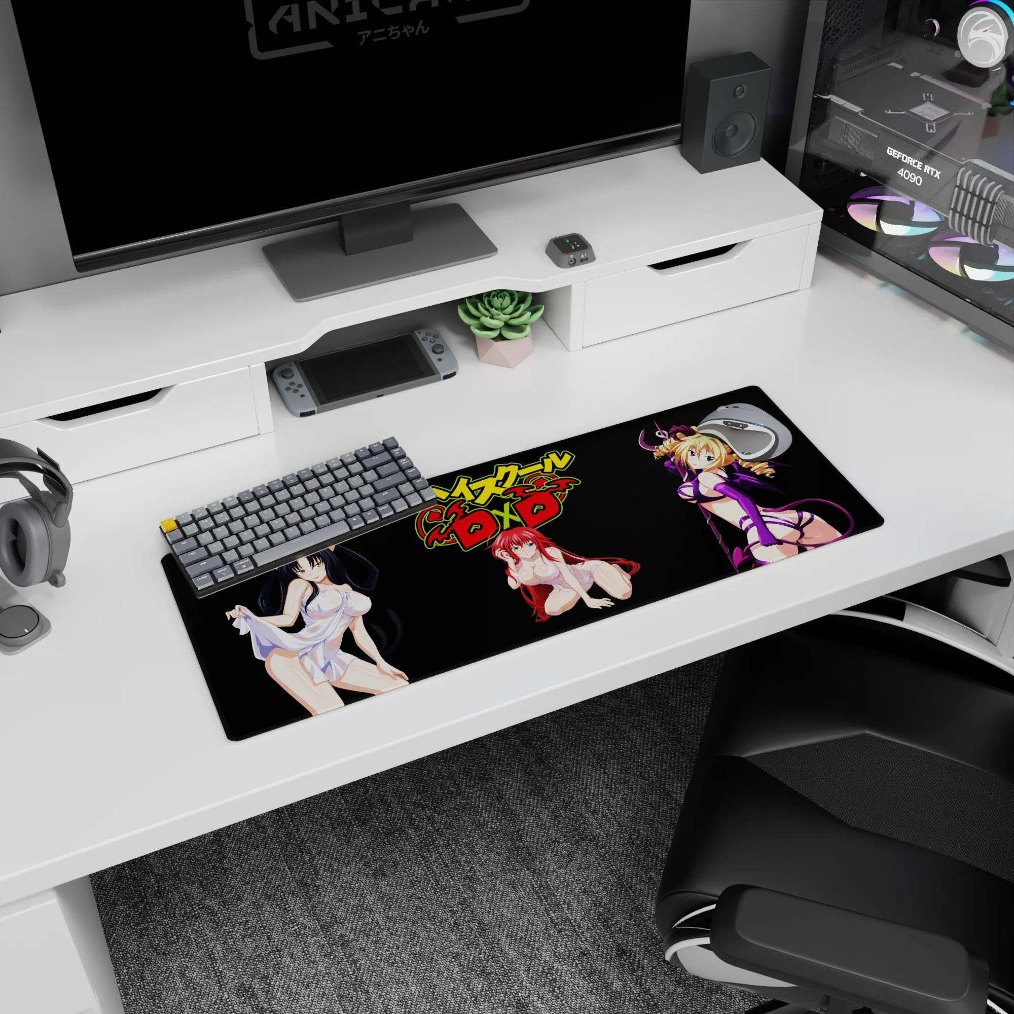 Rias Gremory anime mouse pad 32x12 inches, High School DxD theme, vibrant colors, perfect for fans seeking bold waifu energy.