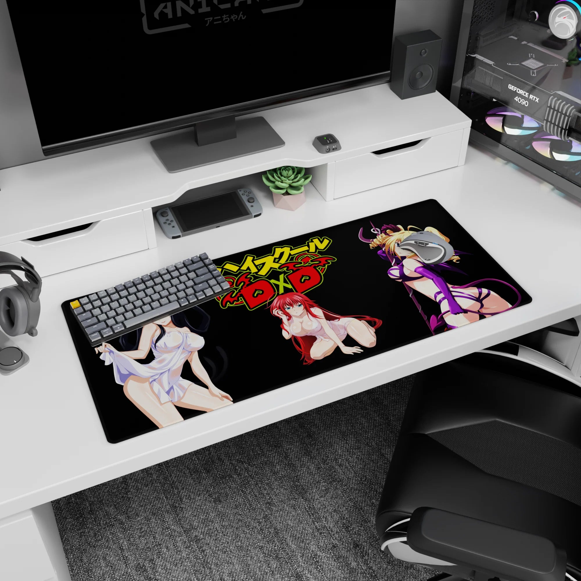 Rias Gremory anime mouse pad, 36x16 inches, from High School DxD, vibrant red and pink hues, perfect for fans.