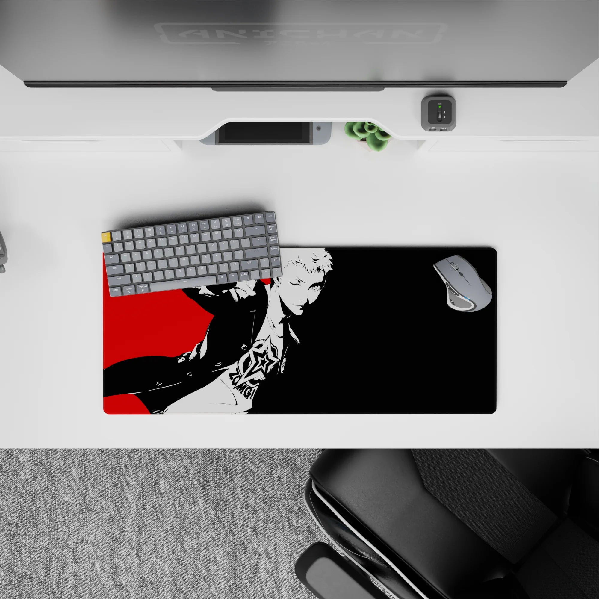 Ryuji Sakamoto anime mouse pad, 28x12 inches, featuring Persona 5&#39;s bold red, white, and black pop-art design.