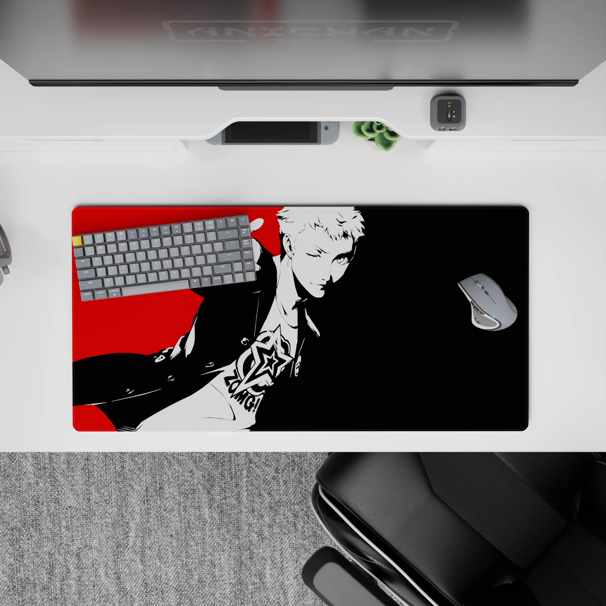 Ryuji Sakamoto Persona 5 anime mouse pad, 32x16 inches, featuring bold red, white, black pop-art design with punk energy.