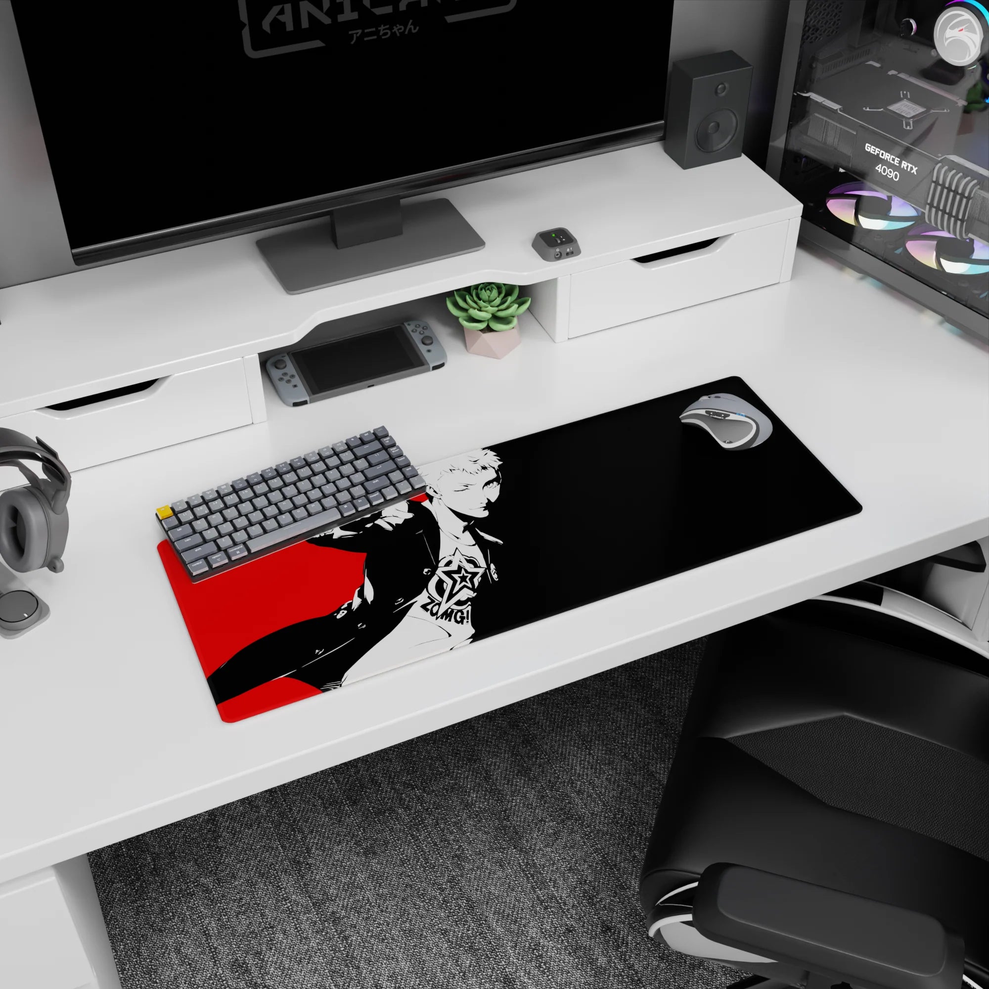 Ryuji Sakamoto Persona 5 anime mouse pad, 32x12 inches, vibrant red, white, black design, perfect for gaming setups.