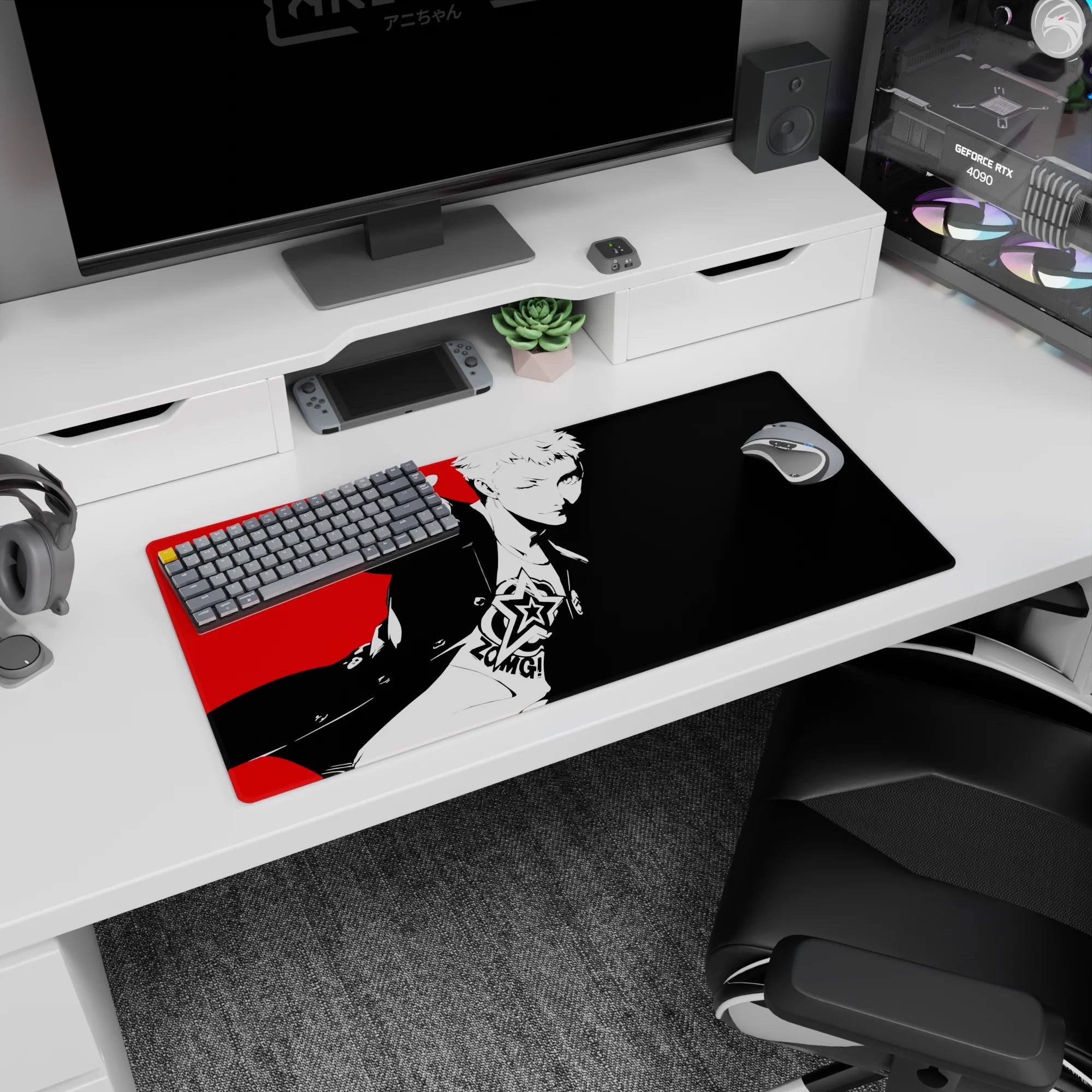 Ryuji Sakamoto Persona 5 anime mouse pad, 32x16 inches, featuring bold red, white, black pop-art design, pure punk energy.