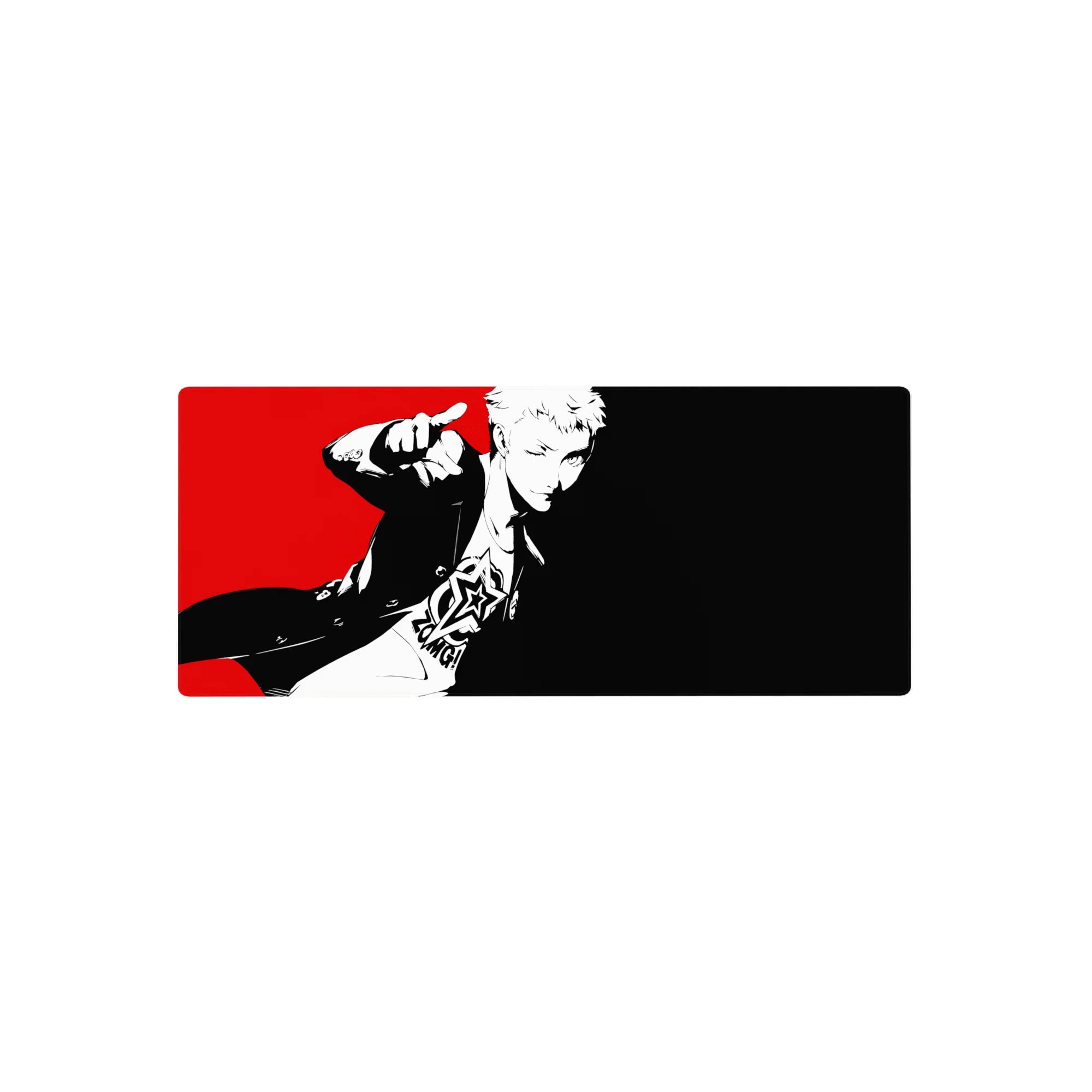Mouse pad featuring Ryuji Sakamoto from Persona 5, 28x12 inches, in vibrant red, white, and black pop-art style.