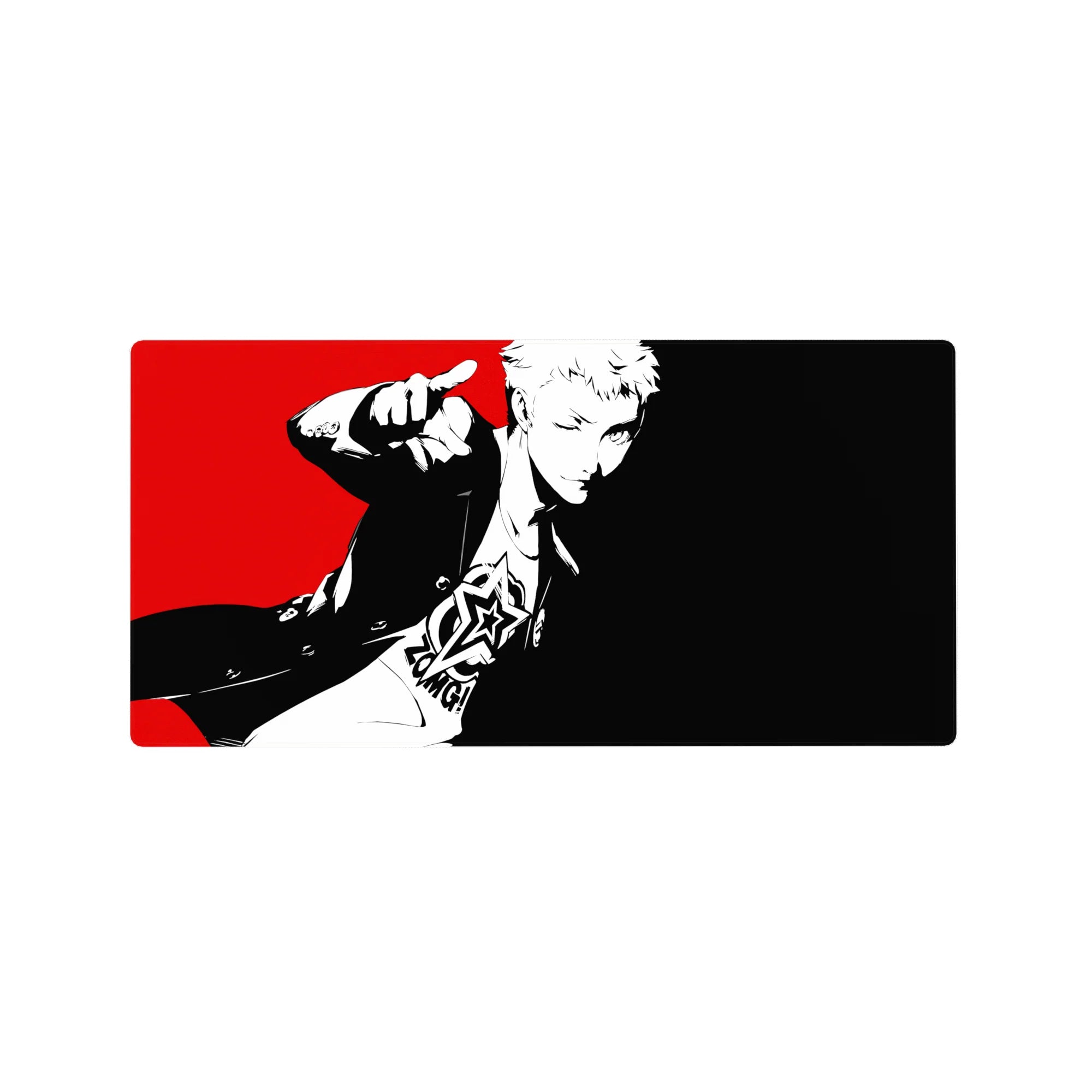 Ryuji Sakamoto Persona 5 anime mouse pad, 32x16 inches. Features bold pop-art design with red, white, and black colors.
