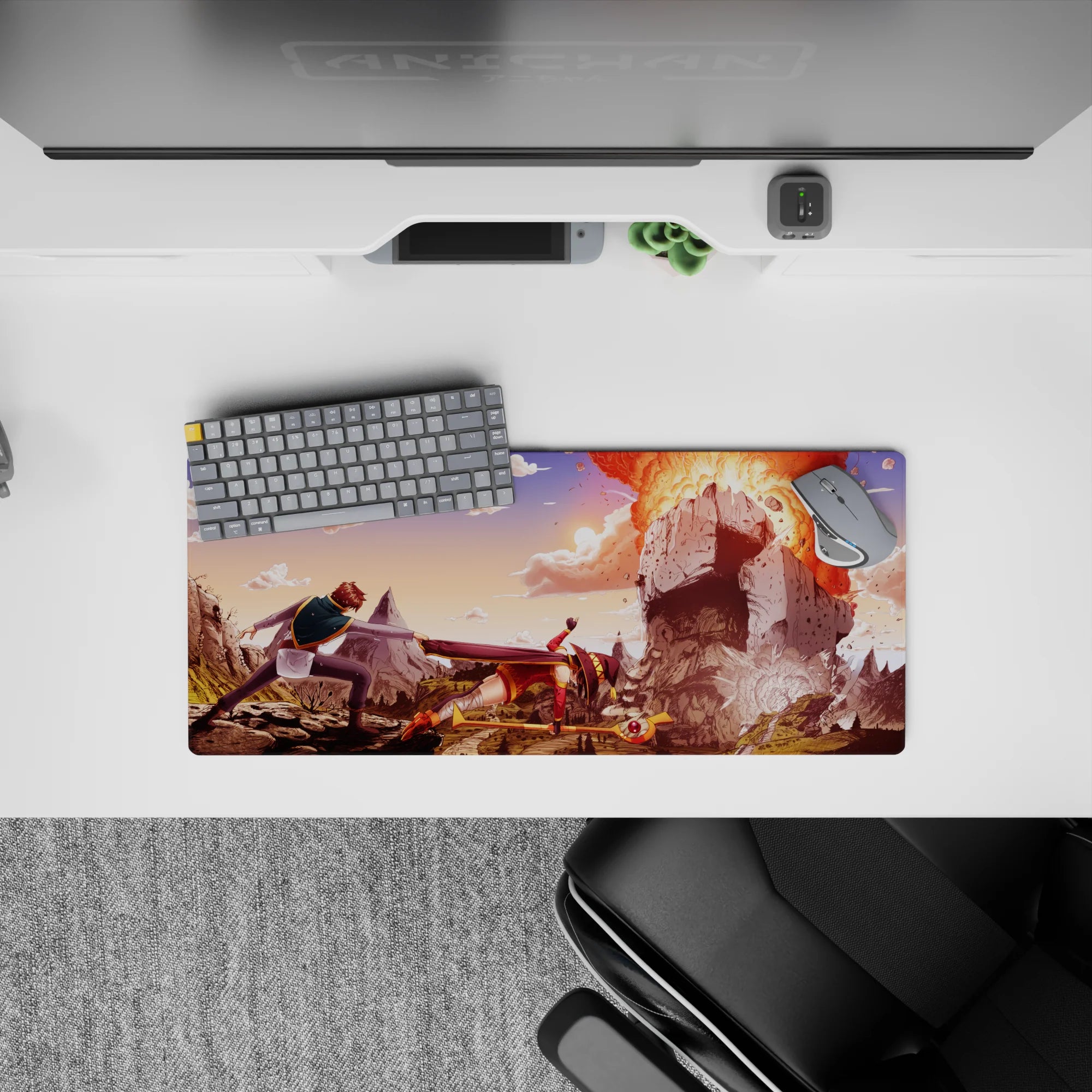 Megumin and Kazuma in explosive KonoSuba scene, anime mouse pad 28x12 inches, vibrant colors and dynamic action.