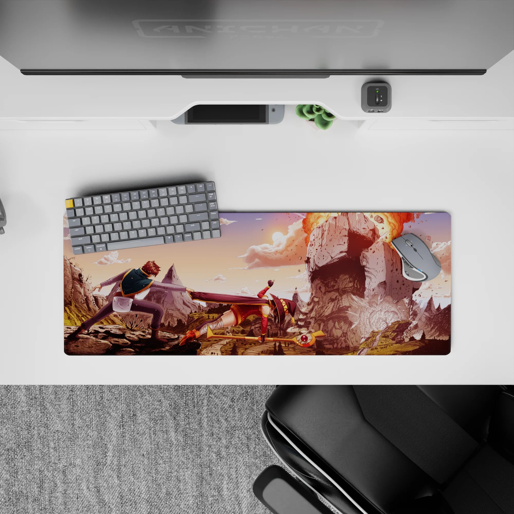 Anime mouse pad 32x12 inches featuring Megumin&#39;s explosion spell from KonoSuba, with Kazuma holding her back, vibrant colors.
