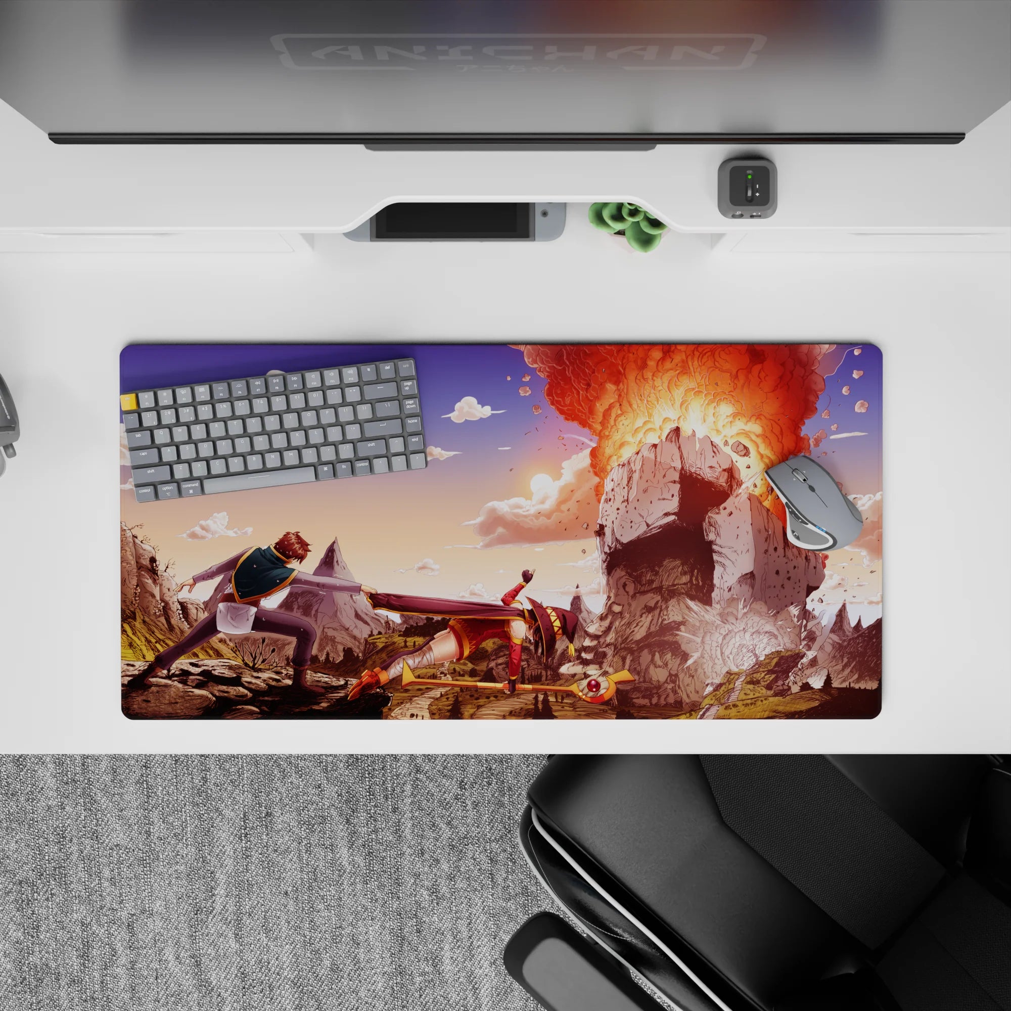 Megumin explosion scene from KonoSuba on 32x16 inch mouse pad, featuring Kazuma holding her back; vibrant fantasy design.