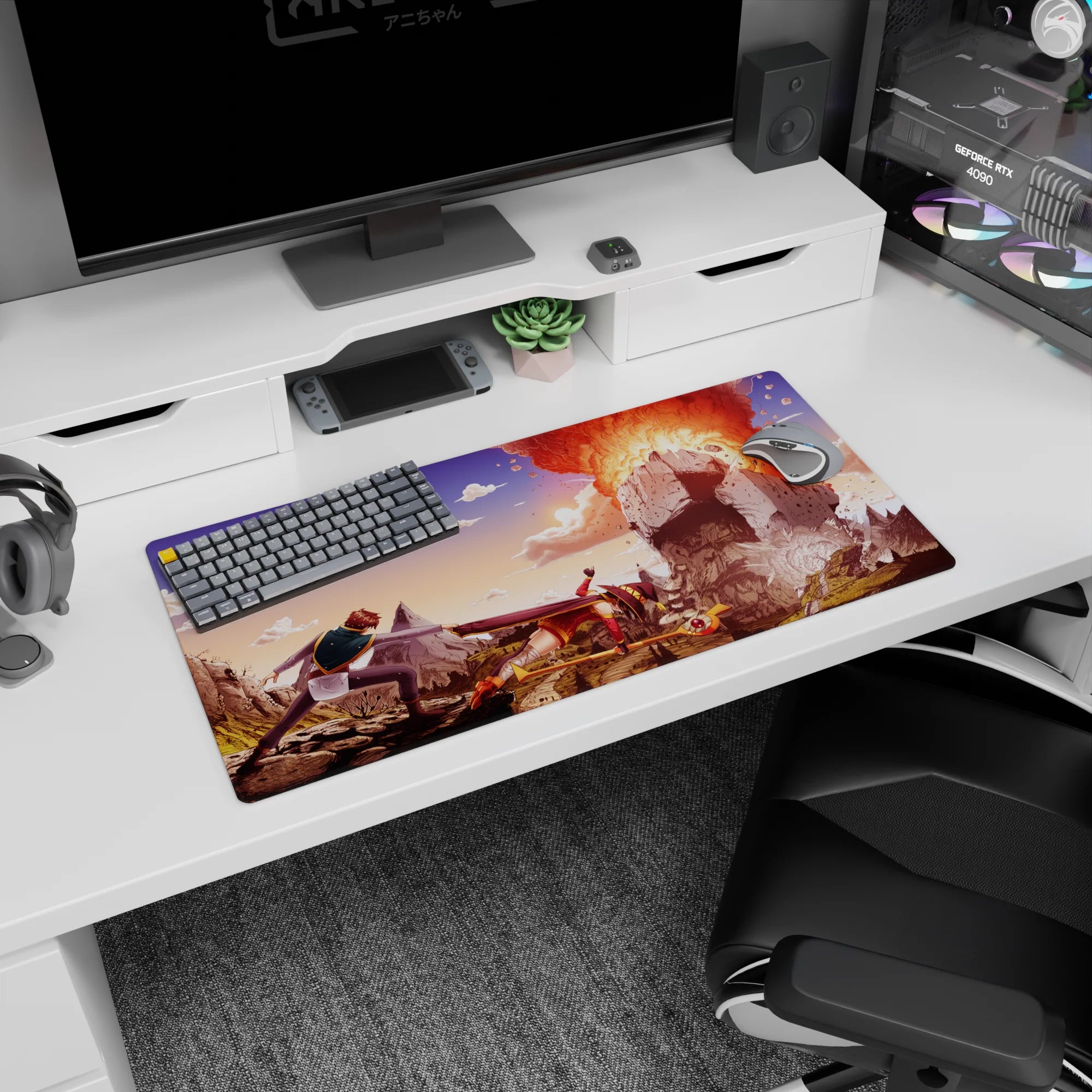 Megumin&#39;s explosive spell scene from KonoSuba on a 32x16 inch anime mouse pad, featuring Kazuma holding her back.