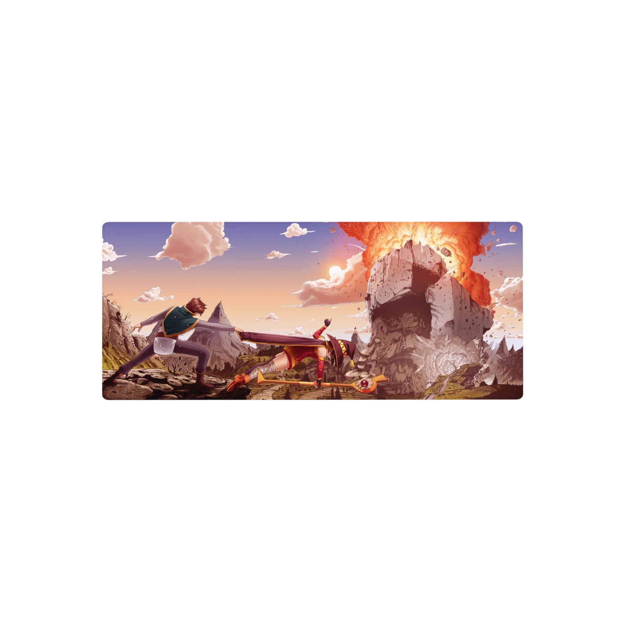 Anime mouse pad 28x12 inches featuring KonoSuba&#39;s Megumin casting an explosion spell with Kazuma holding her back.