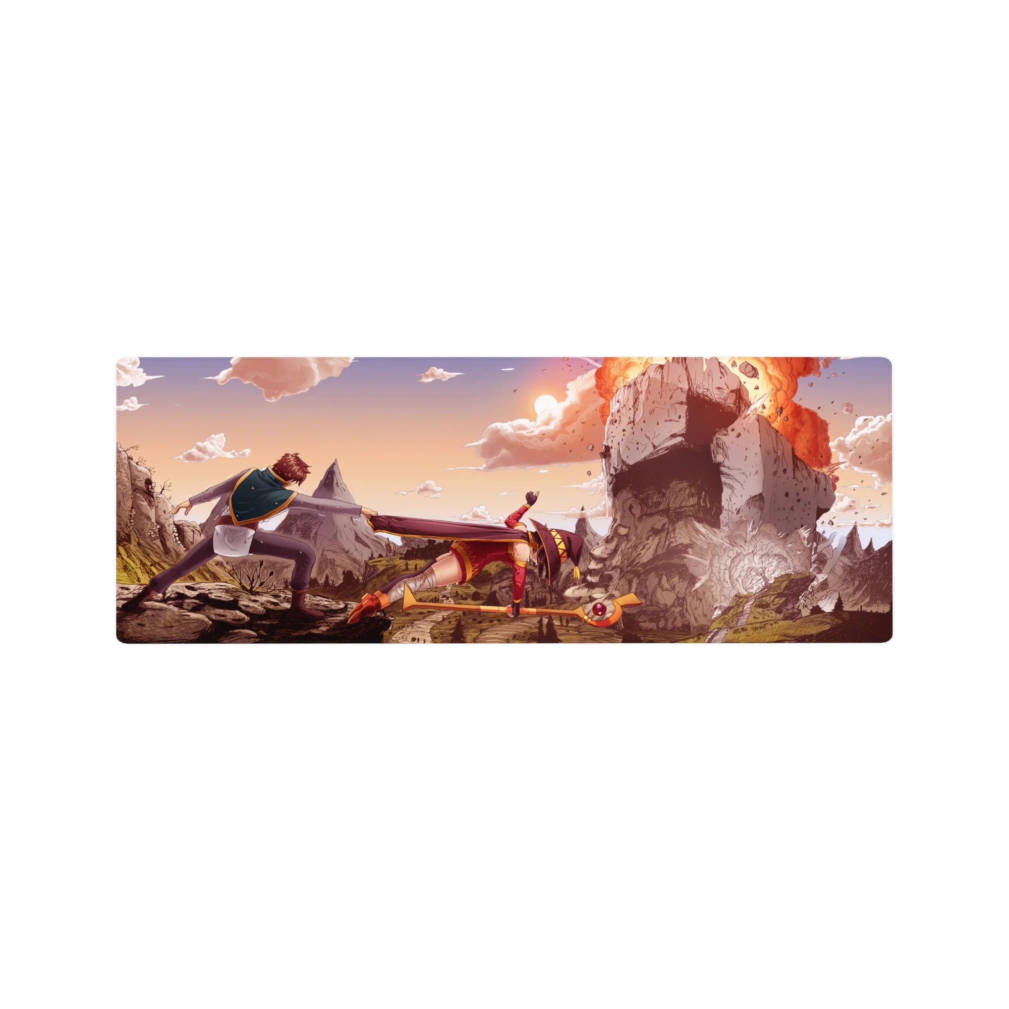 Anime mouse pad 32x12 inches featuring Megumin from KonoSuba casting explosion with Kazuma holding her back.
