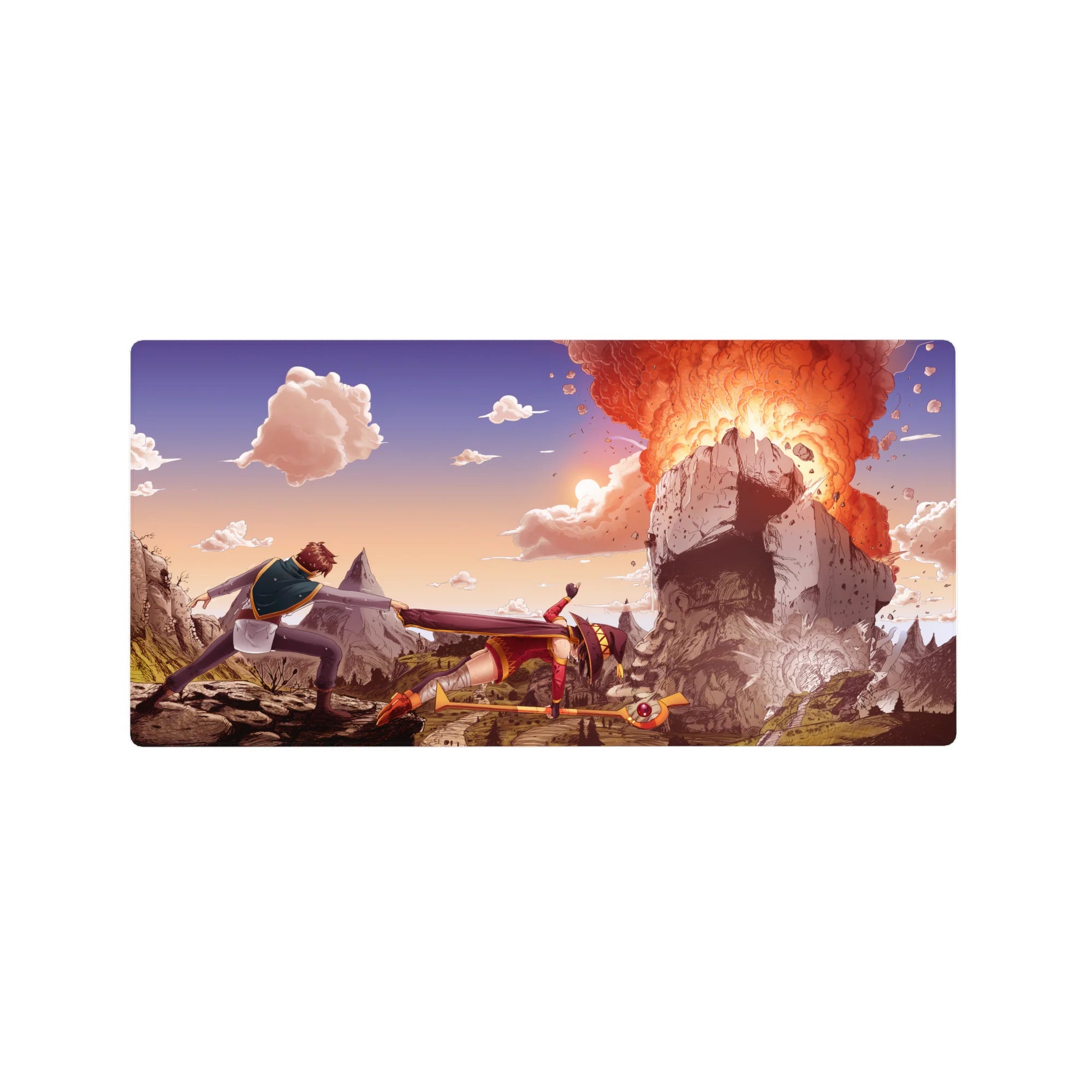Megumin from KonoSuba unleashes explosion magic, Kazuma holds her back on a vibrant 32x16 inch anime mouse pad.
