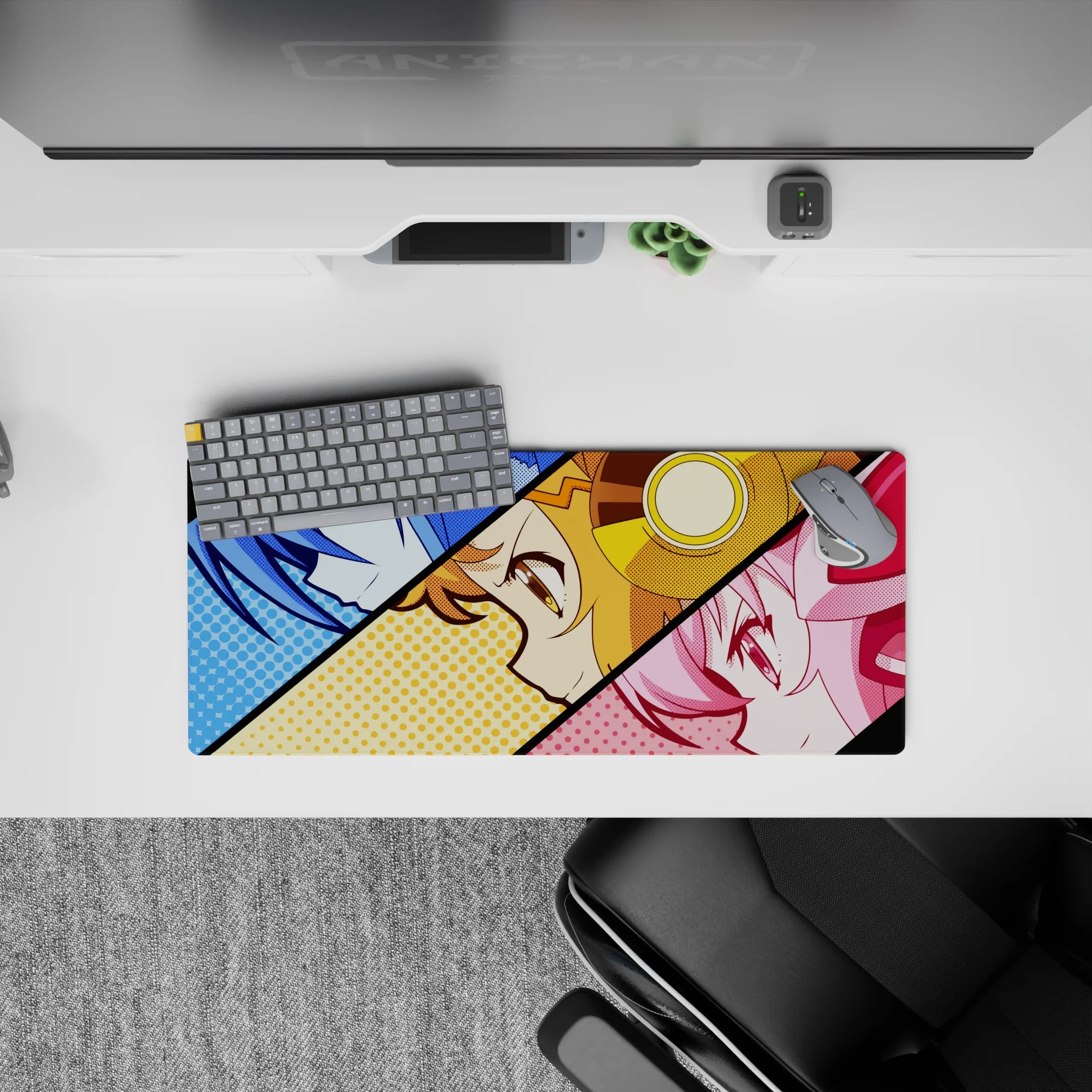 Anime girl mouse pad 28x12 inches in blue, gold, and pink halftone dots for a loud, playful desk vibe.