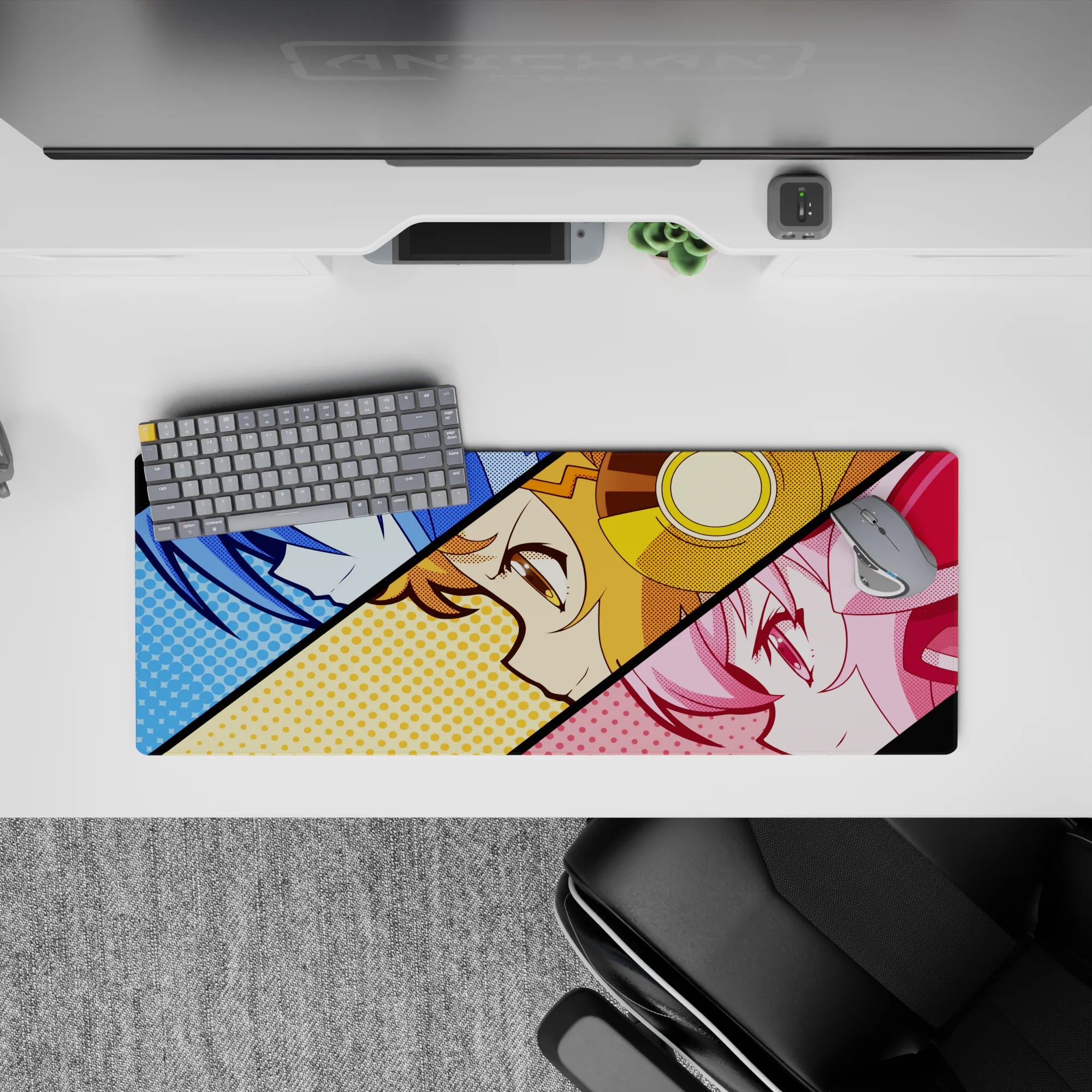 Vibrant halftone desk mat 32x12 inches in cool blue, sunny gold, and candy pink pop-art style.