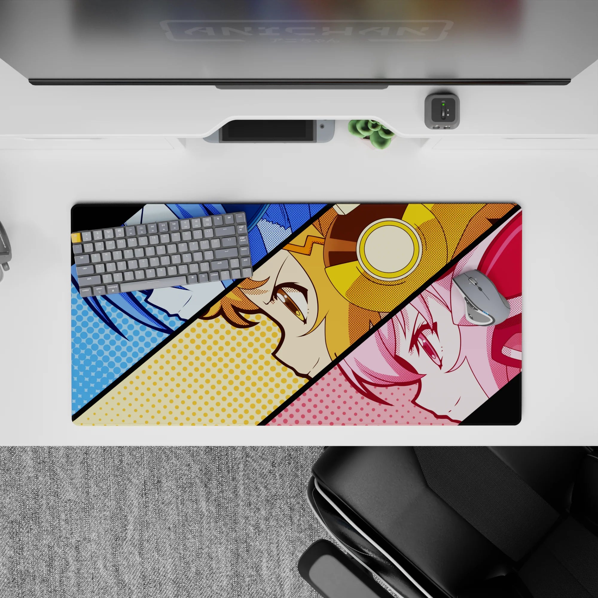Vibrant anime girl mouse pad 32x16 inches in cool blue, sunny gold, and candy pink pop-art style.