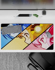 Vibrant anime girl mouse pad 32x16 inches in cool blue, sunny gold, and candy pink pop-art style.