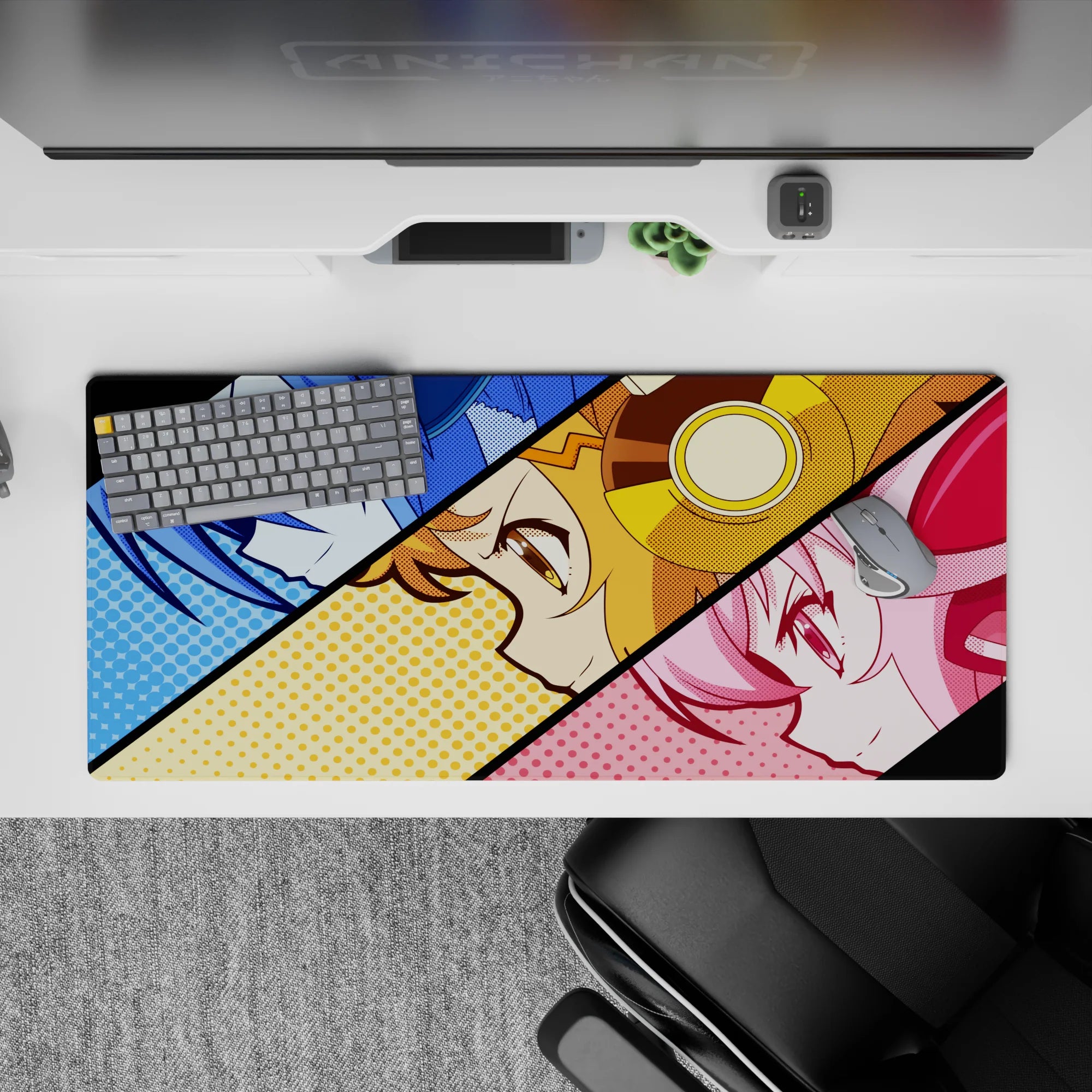 Vibrant 36x16 inches anime desk pad in cool blue, sunny gold, and candy pink halftone pop-art style.