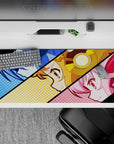 Vibrant 36x16 inches anime desk pad in cool blue, sunny gold, and candy pink halftone pop-art style.