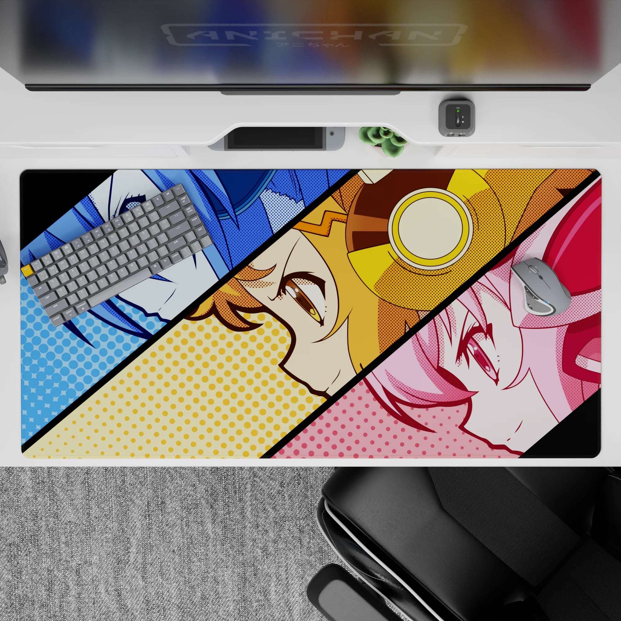 40x20 inches pop-art anime girl mouse pad in cool blue, sunny gold, and candy pink, loud gamer vibe.