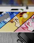 40x20 inches pop-art anime girl mouse pad in cool blue, sunny gold, and candy pink, loud gamer vibe.