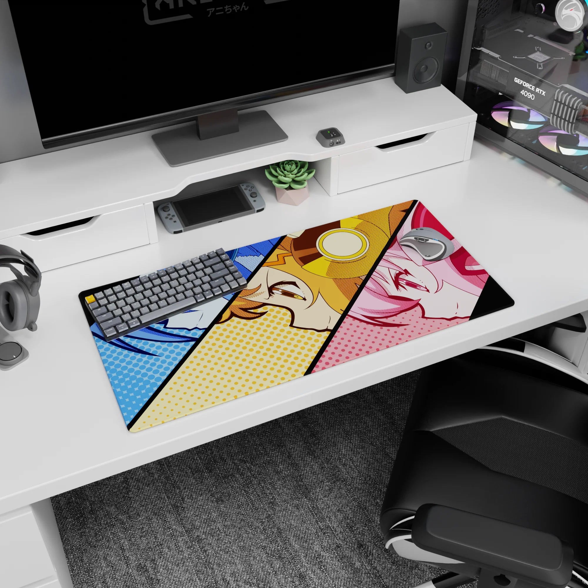 Close-up trio of anime girls with sharp eyes and smirks in comic panels on a 32x16 inches desk mat.