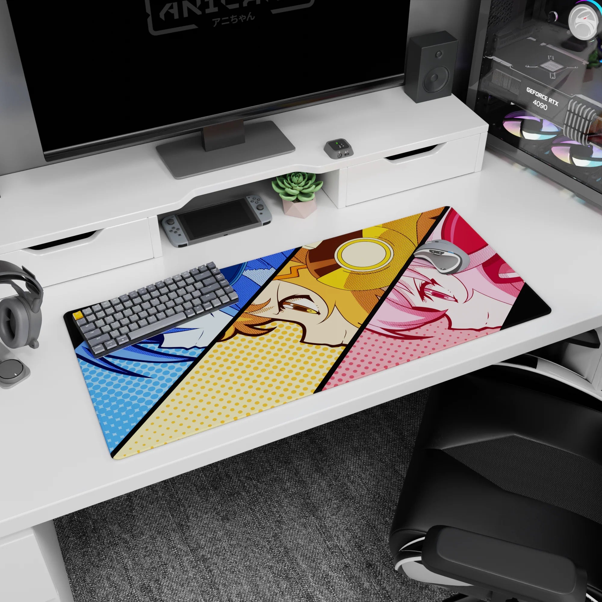 36x16 inches anime girl mouse pad showing three close-up girls with sharp eyes and cheeky smirks.