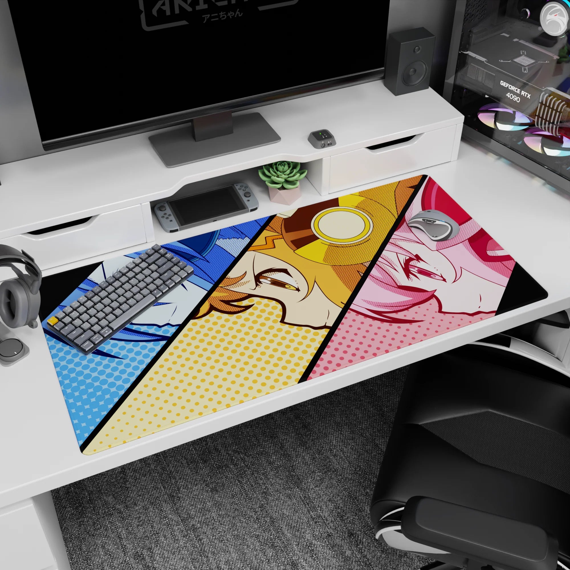 40x20 inches anime desk mat showing three close-up girls with sharp eyes and cheeky smirks in panels.