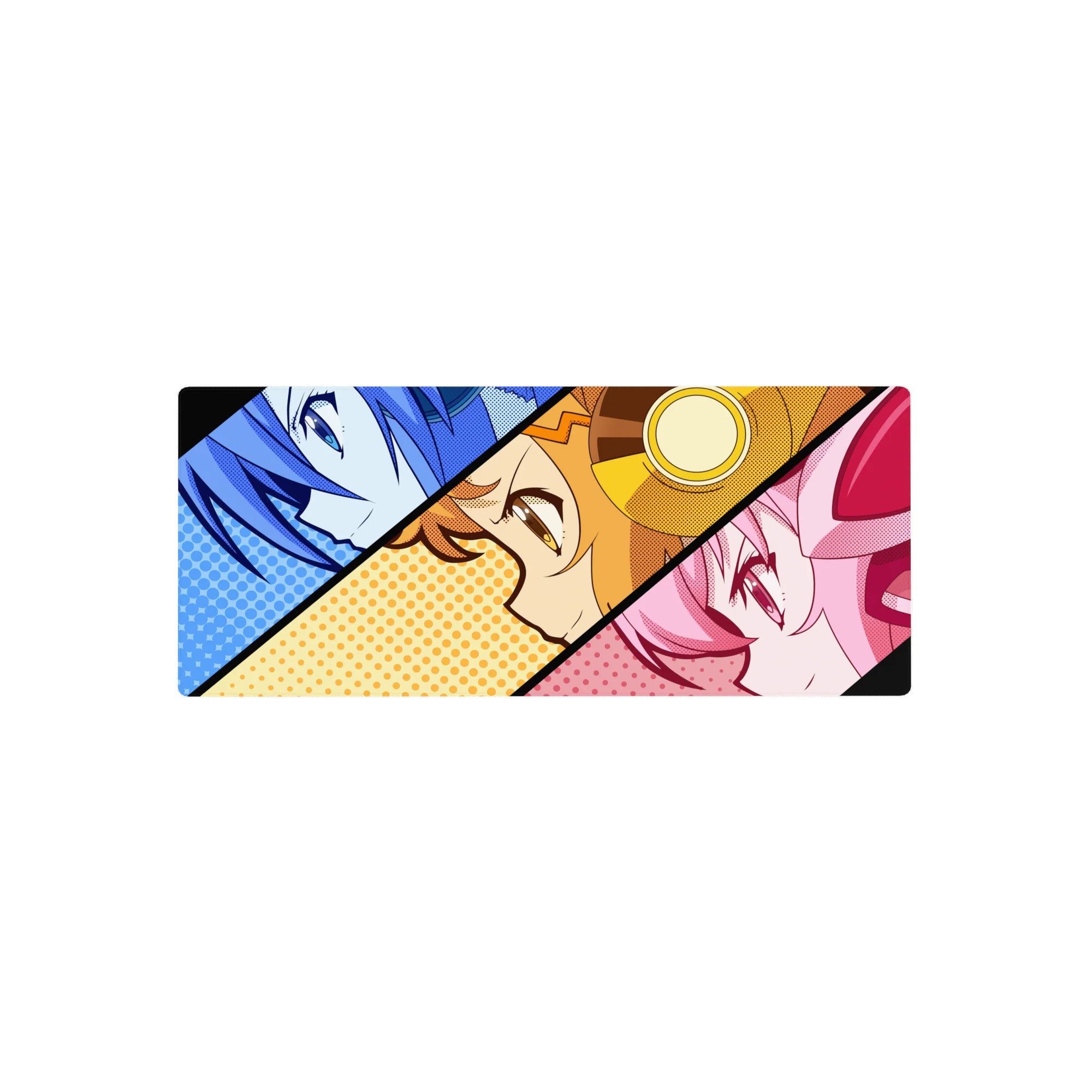 Pop-art anime girl mouse pad 28x12 inches with three comic-panel portraits and bold diagonal dividers.