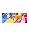Pop-art anime girl mouse pad 28x12 inches with three comic-panel portraits and bold diagonal dividers.