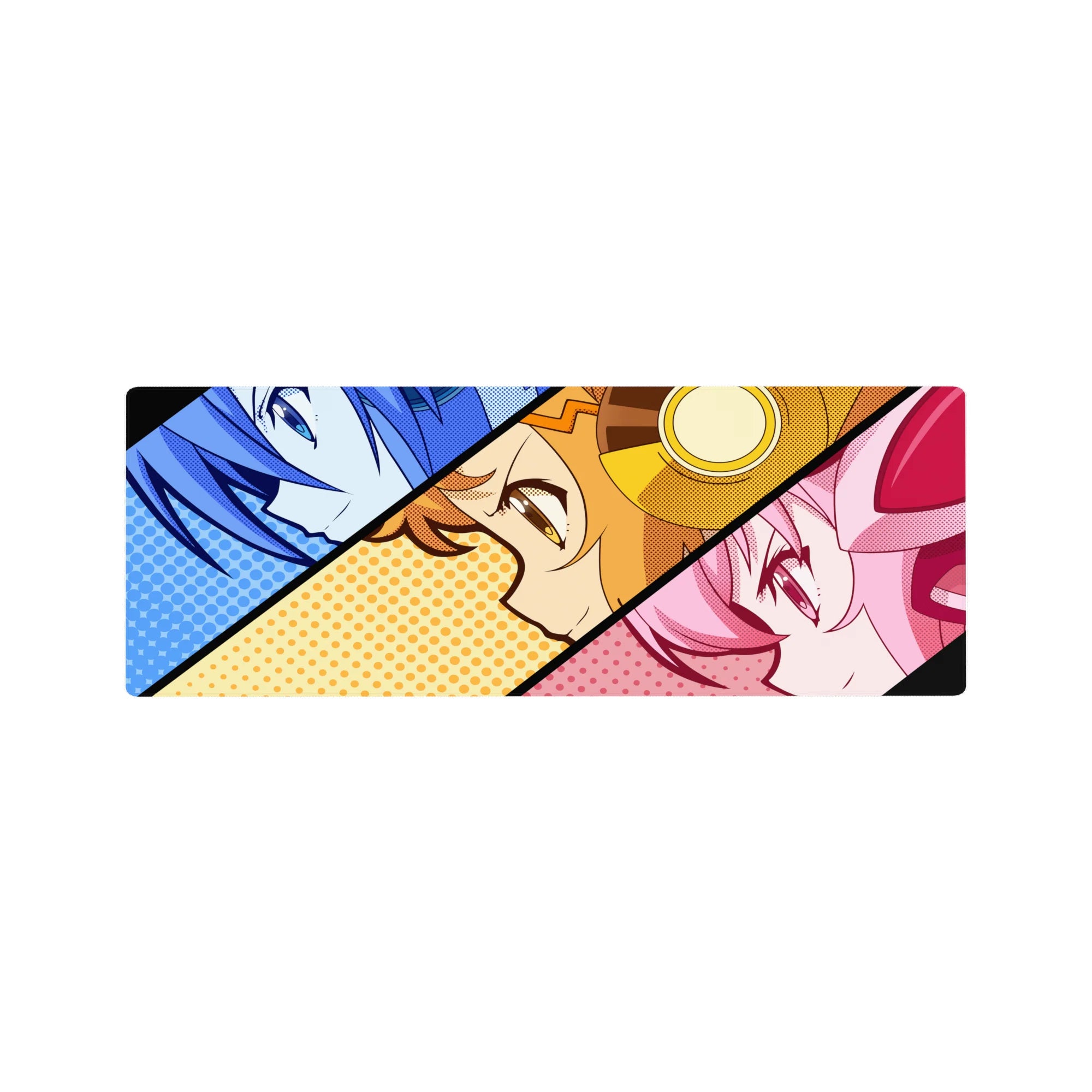 Pop-art anime girl mouse pad 32x12 inches with three comic panels split by bold black diagonals.