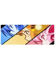 Pop-art anime girl mouse pad 32x12 inches with three comic panels split by bold black diagonals.